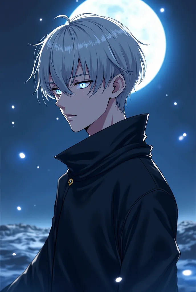 A highly detailed anime-style illustration of a mysterious young man with a perfectly symmetrical, sharp face reminiscent of Ryuman Sukuna. He has sleek, silver hair falling gracefully to his shoulders and piercing silver eyes radiating an enigmatic glow. ...