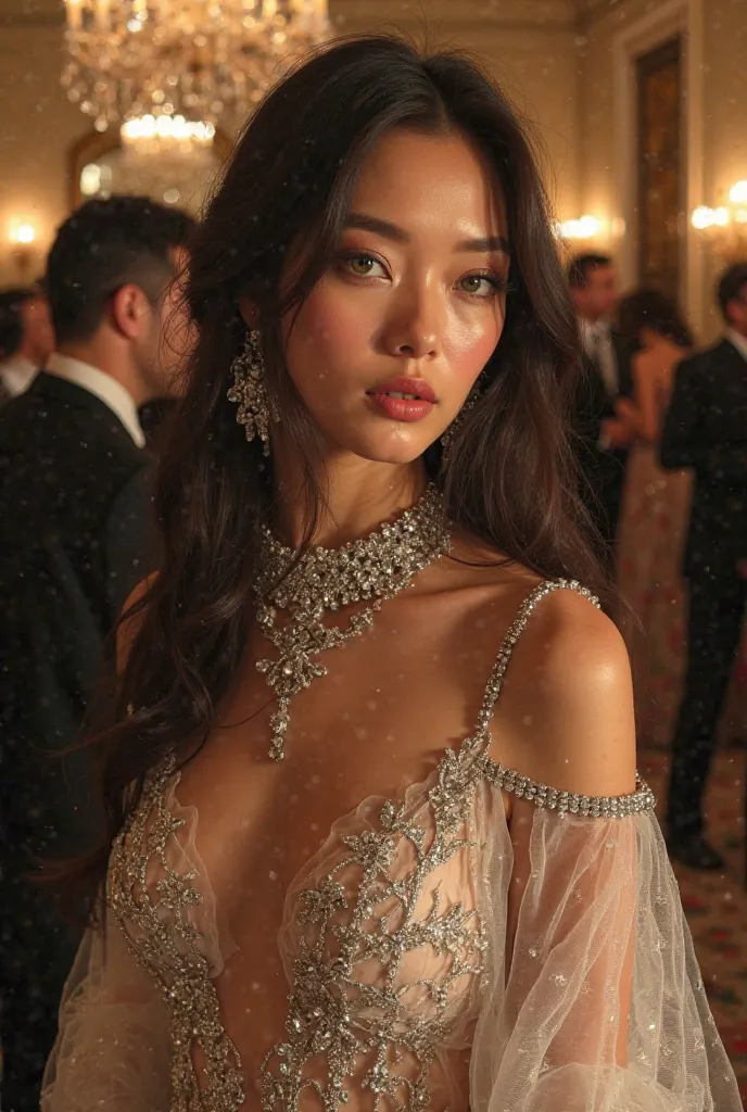 In a From a gala party at a luxurious hall a woman with long hair ,smooth and blacks of green eyes perfect outline ,pink face full mouths with her glamorous Venetian clothing made of transparent white organza detailed with silver thread with diamonds and b...