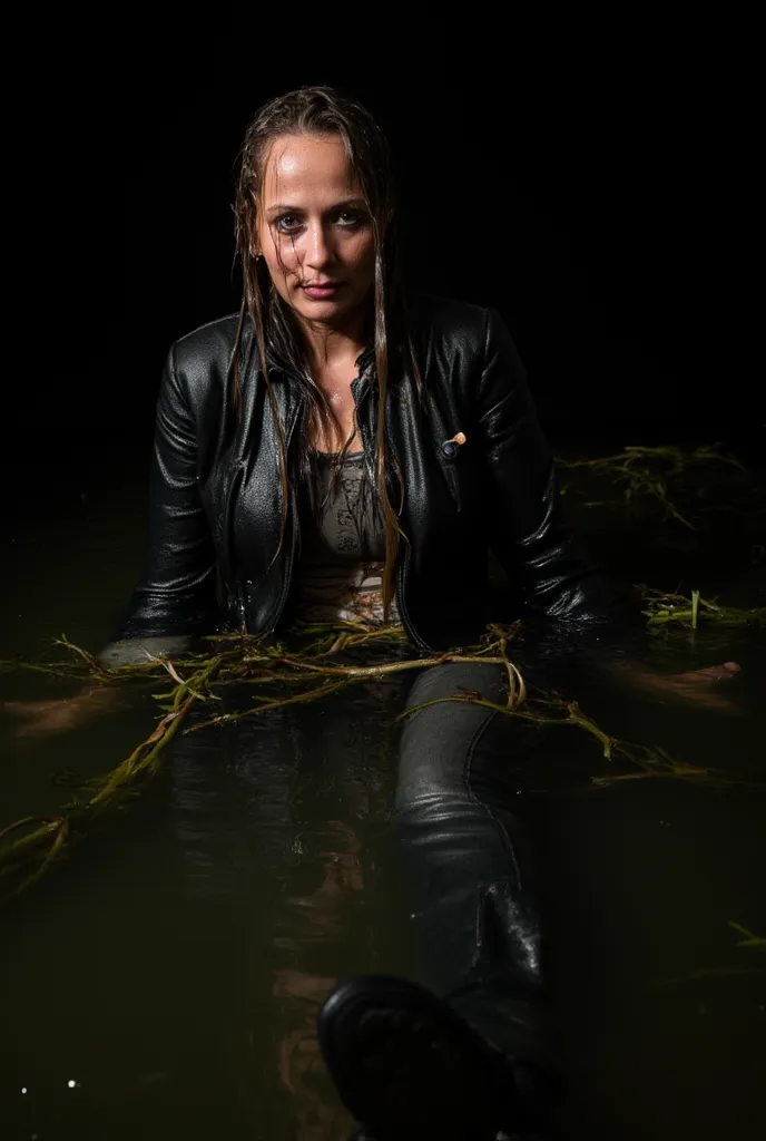   A woman drowns in a swamp ,  in a leather jacket, cheyenne, native american,  poses, provocative photo shoot   , Severe wrinkles,  black background , studio lighting, tight flared jeans