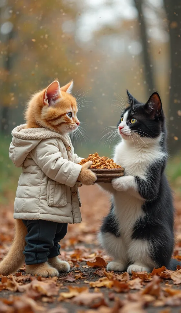 The orange kitten hands over food, showing compassion and empathy. The black and white cats look up with gratitude. A peaceful setting around them signifies a moral transformation.
- *Clothes*: Orange kitten in a white coat and black pants, black and white...