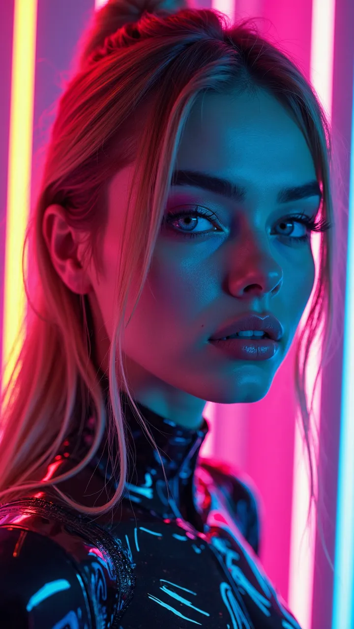 (masterpiece, best quality, ultra-detailed, realistic), perfect face, ((solo, solo focus, neon rim lighting, neon back lights)), neon lighting, neon bodysuit, long hair, detailed blue eyes, looking at viewer, neon eyeshadow, multi-coloured hair, specular h...