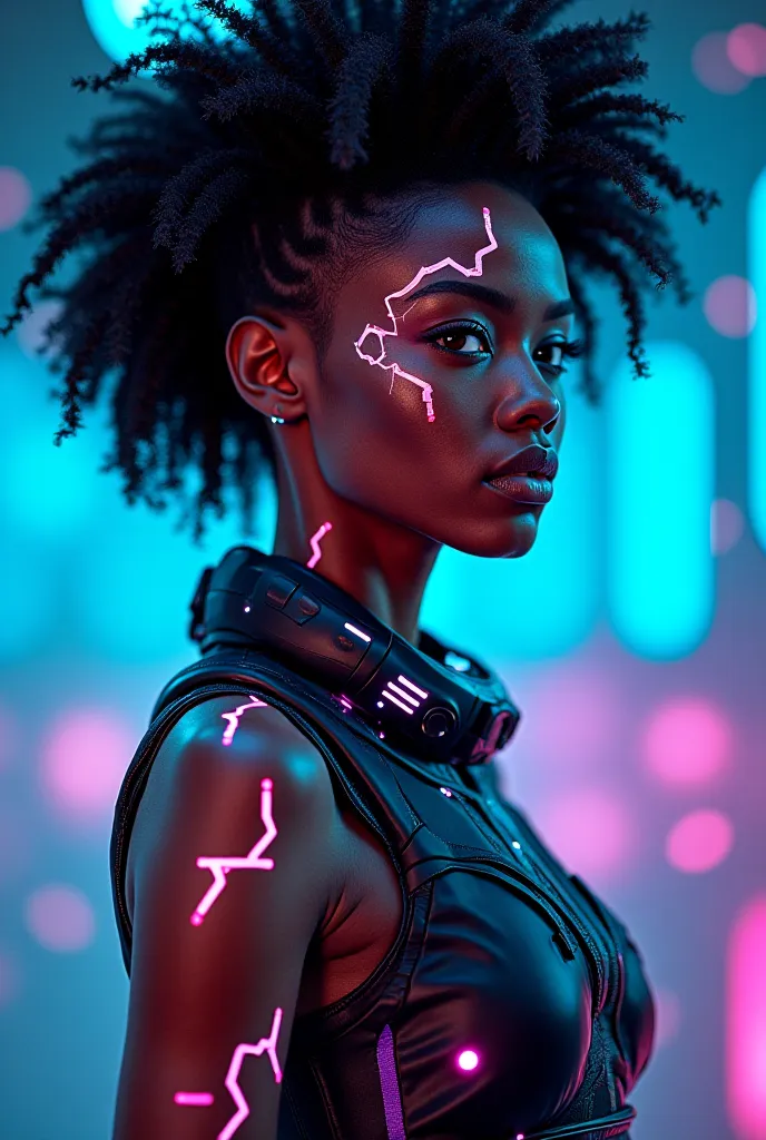 “A futuristic African woman blending creativity and technology. She has glowing, neon circuit-like markings on her skin, symbolizing innovation and artistry. Her outfit is a fusion of modern African fashion and tech-infused elements, with holographic detai...