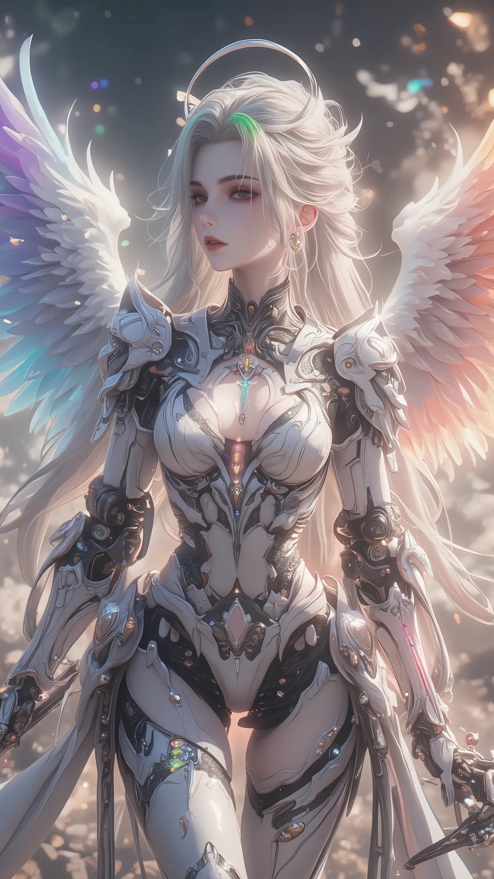 ((top quality)),( Ultra High Resolution ),(very well detailed),( detailed description),(( best CG )),(masterpiece), Ultra Detailed Art ,Amazing Painted Art,(Art with Delicate Details:1.5),  Female Angels, beautiful well-groomed face, , deep cleavage, finel...