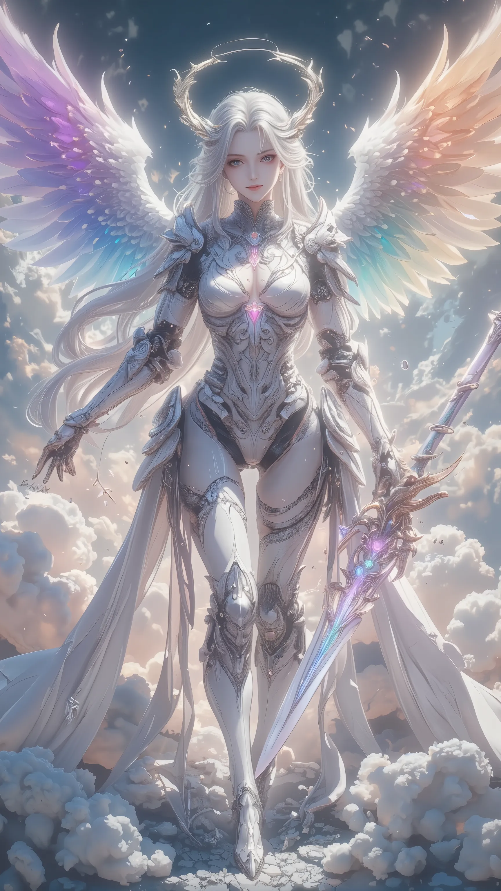 ((top quality)),( Ultra High Resolution ),(very well detailed),( detailed description),(( best CG )),(masterpiece), Ultra Detailed Art ,Amazing Painted Art,(Art with Delicate Details:1.5),  Female Angels, beautiful well-groomed face, , deep cleavage, finel...