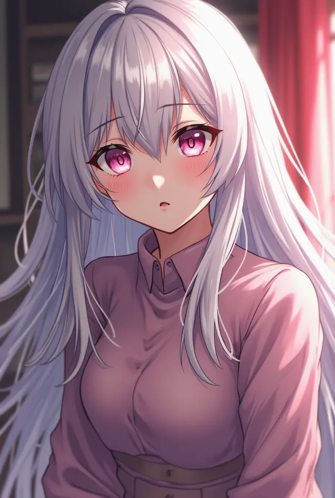 a woman with long white hair and pink eyes in a room, an anime drawing inspired by Narashige Koide , trending on pixiv,  Art of Self-Destruction ,  trong anime ,  as an anime character ,   anime most beautiful girl  , gapmoe yandere, she has a cute, expres...