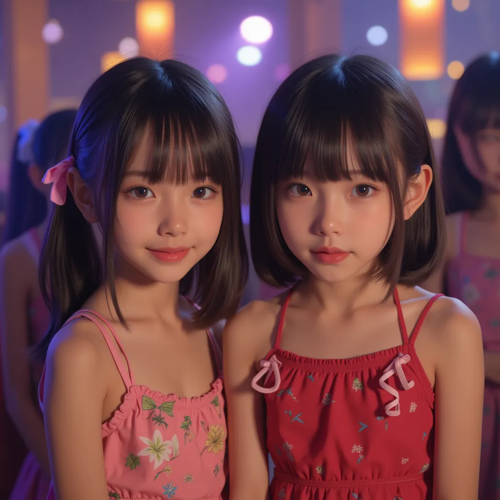 cuteloli,loli,hyper realistic,HD,best quality,8K,Exquisite details,(14-years-old),(halter dress),looking at viewer,depth of field,full_body_shot,from_above,karaoke,twins,