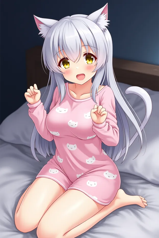 Cat ear girl,slutty yellow eyes,（masterpiece,Gray Hair,It shows everything from the upper body to the lower body,１Picture）perfect limb,Excited eyes,（masterpiece,Gray Hair,Overall view,Japanese Anime）perfect limb,（ Pink sleepwear with chest visible,Sleepwea...