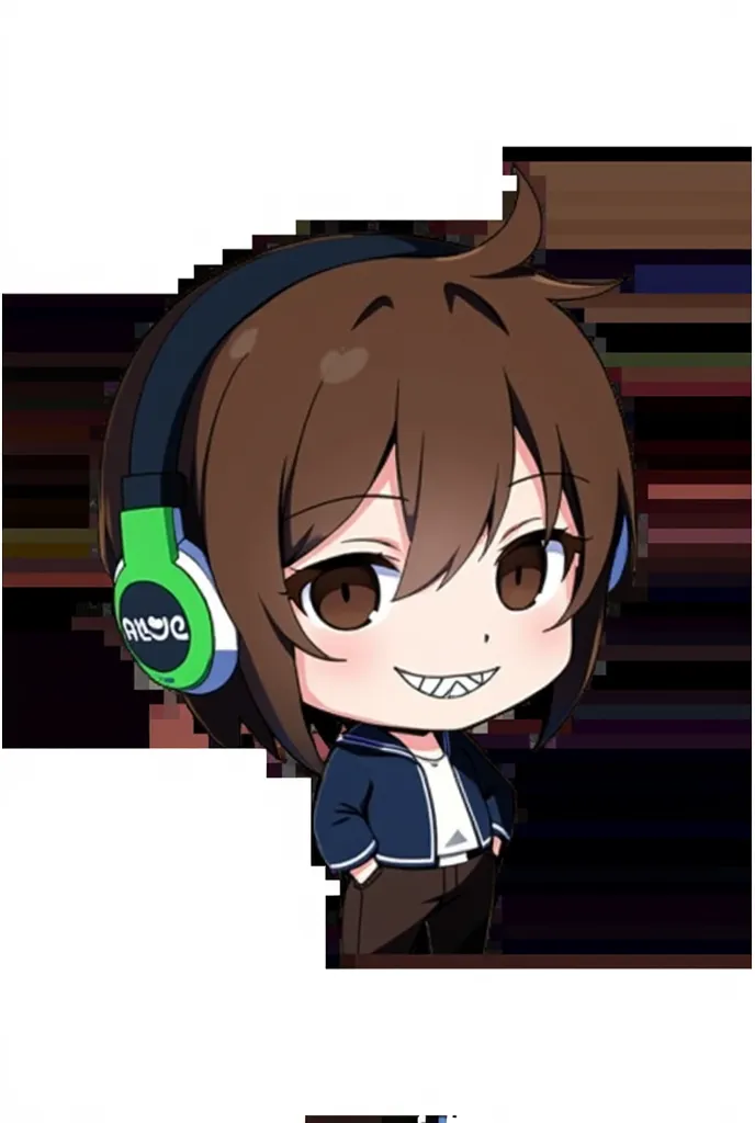 A standing illustration of a boy with brown hair and short hair wearing headphones, anime style, 