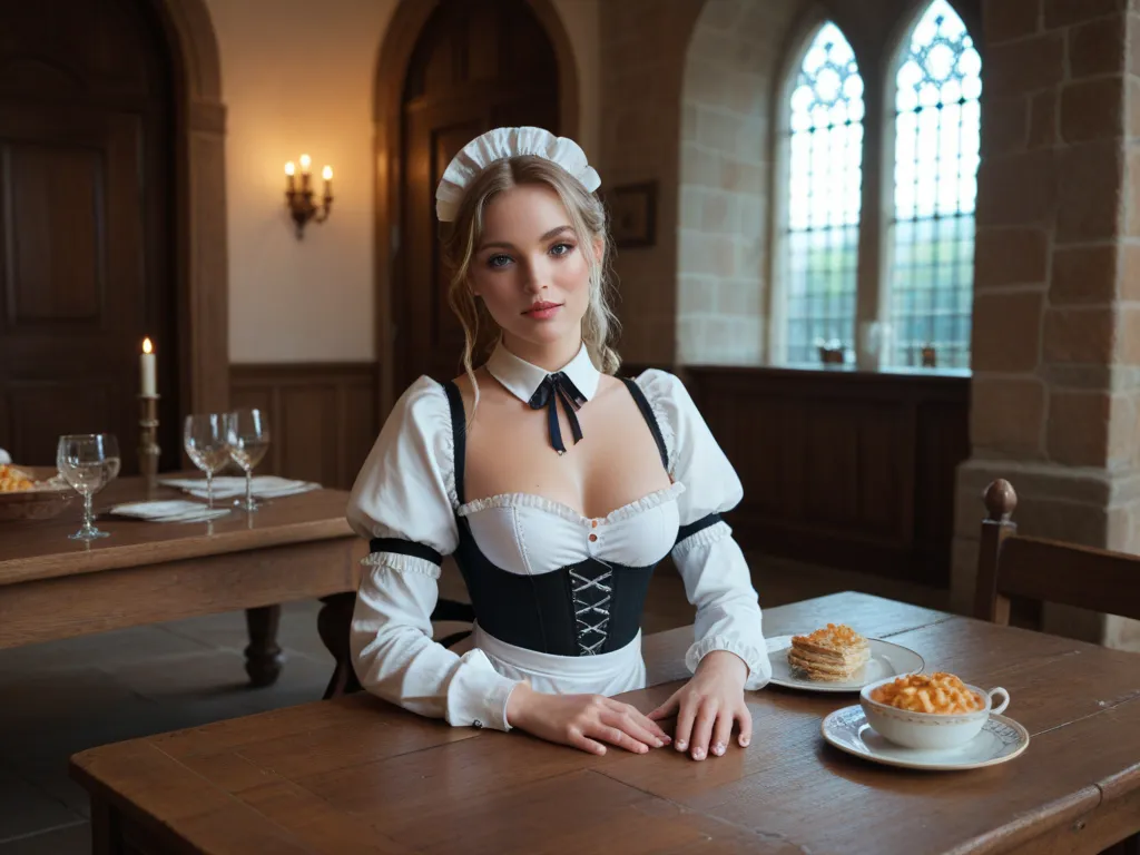 Beautiful girl, 18, medieval serving maid, bare breasts, serving at table in castle