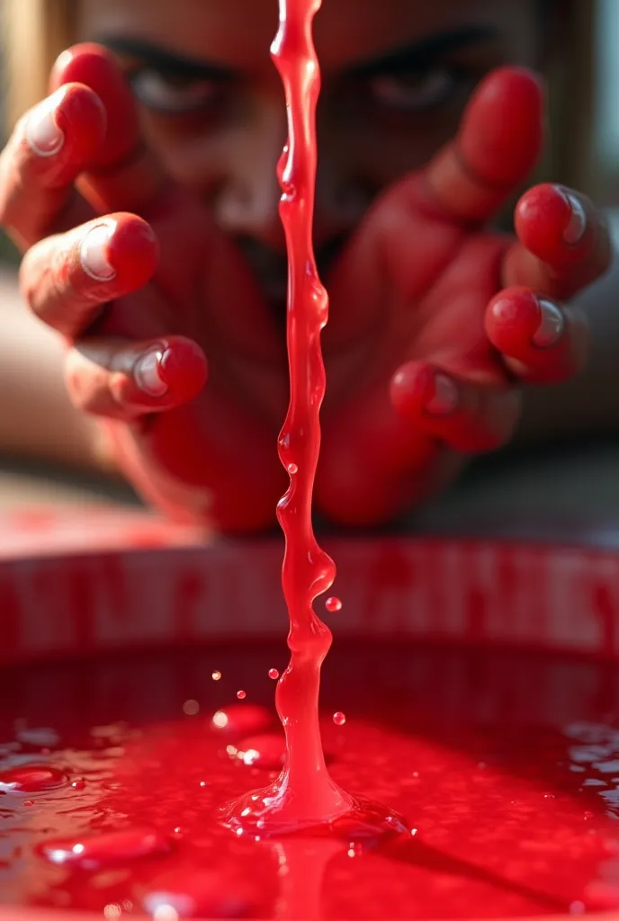 A close-up of water running down from a person's face and hands, turning red as it mixes with the colors from Holi. The drain or sink is filled with reddish water, creating a surprising visual effect.
Generate in cinematic 3d cartoon style