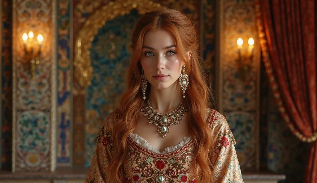 "A stunning hyperrealistic cinematic portrait of Aleksandra Lisowska, later known as Hürrem Sultan, born between 1502 and 1504 in the region of Ruthenia (modern-day western Ukraine). She is depicted in an opulent Ottoman palace setting, dressed in a richly...