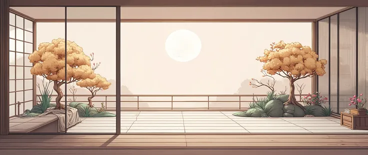 illustration in soft colors predominating , minimalism of a Japanese style living room with window to see the minimalist Japanese garden with bonsai trees, the stage evokes energy and elegance