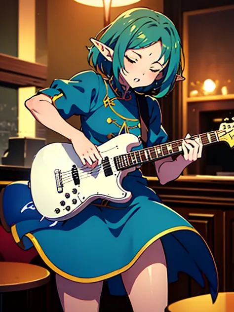  anime style,middle ages,A lively bar with lots of people,beautiful sky from the light source,Beautiful bard elf girl with closed eyes,guitar