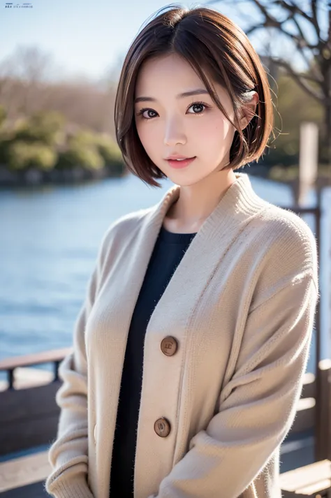 (8k, RAW photo, photorealistic, HQ, masterpiece), cute Japanese woman, (shining eyes), 
(light smile:0.2 ), brown hair, short hair, (Stylish early winter clothes ),  
blurry background, depth of writing,  natural light, backlight, Lightning Face , 