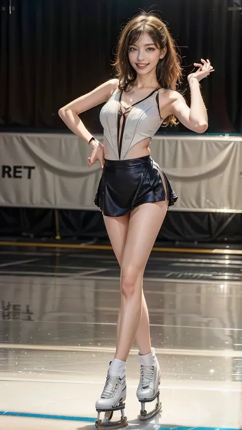 (8k, best quality:1.3, extremely detailed:1.2, perfect anatomy, beautiful Japanese woman, 18 years old, healthy thighs, beautiful legs, beautiful skin, random hair color, random hairstyle, large breasts, female figure skater, (figure skating outfit:1.3), (...