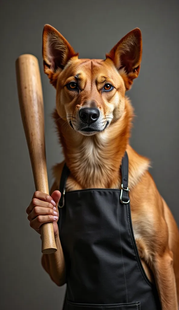 a typical brazilian mixed-breed dog with caramel color and shaved fur, he is wearing a black apron, he já holding a wooden baseball bat 
