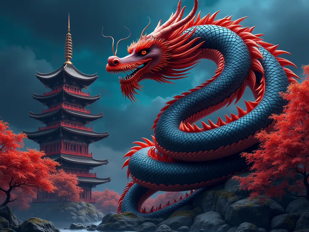  Chinese dragon, that wrapped around the Chinese-style pagoda against the night sky and Japanese maple trees, everything is done in red and black, blue is allowed