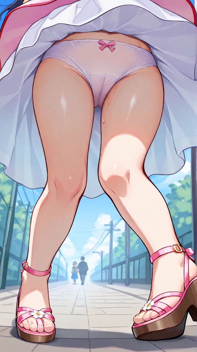  embarrassed face 、 walking、Strong winds、upskirt、Grabbing her skirt、  low angle 
,  beautiful anime girl 、amazing thighs、 full body、1 girl,  nice dress、shiny skirt、Positive