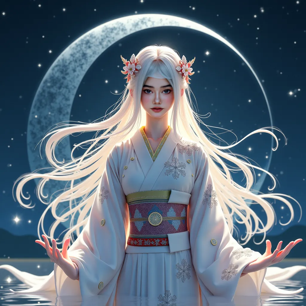 in Fantasy Nihinga style in kimono with princess of moon concept