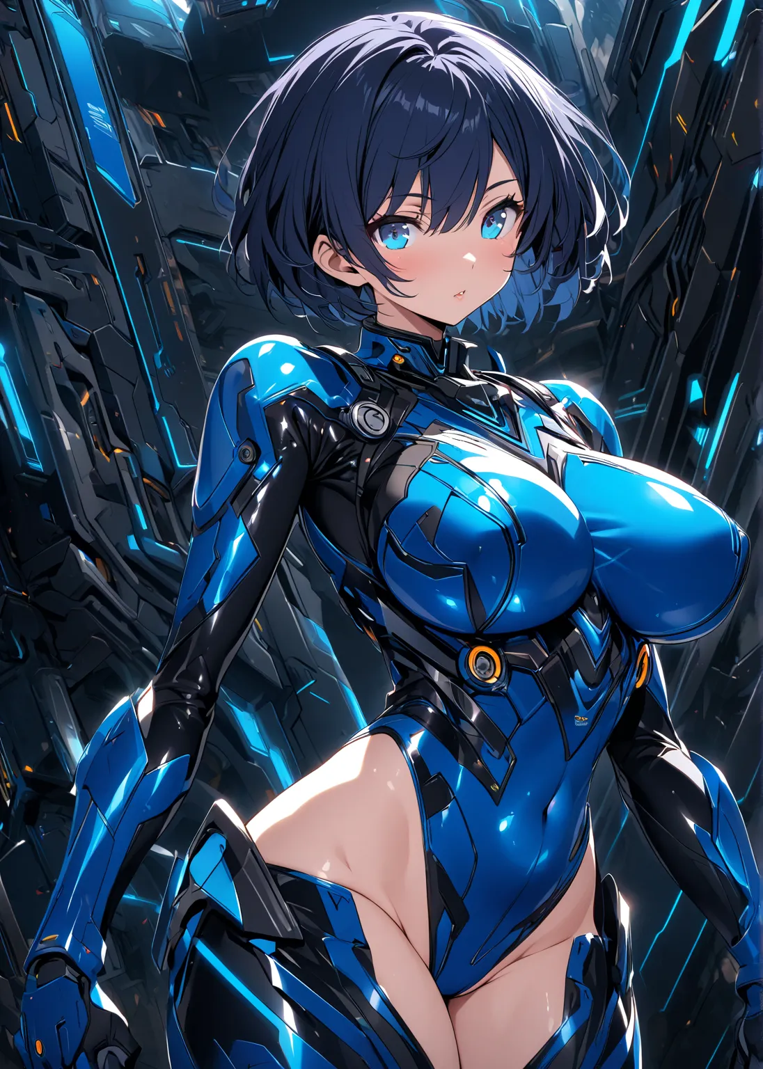 dark blue hair　short hair　blue and metallic blue futuristic suit　　Groin　leotard　big breasts　blue eyes　solo　Previous