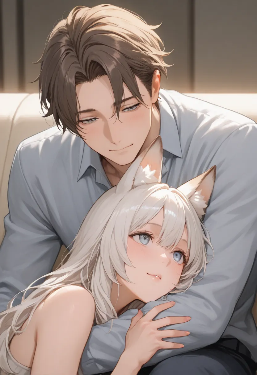  boy and 1 mature foxgirl cuddle on a sofa, they are clearly in love with eachother, she has long white hair and blue eyes, he has short dark brown hair and grey eyes