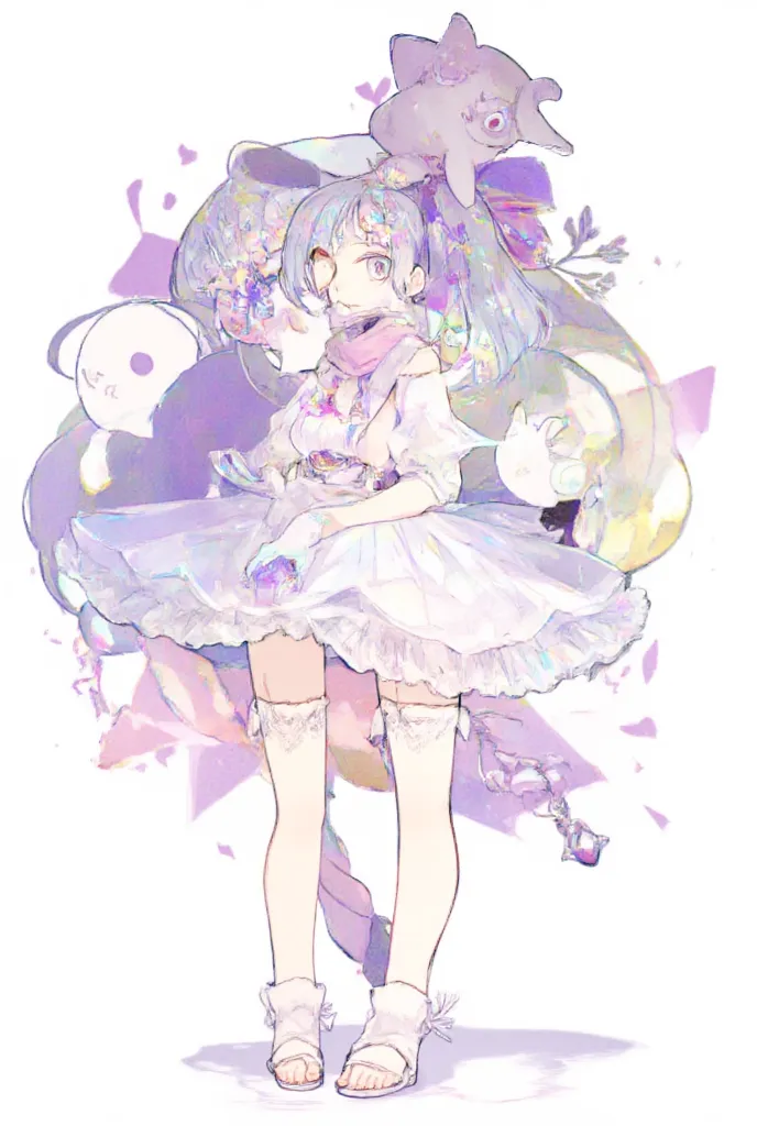 a portrait of a beautiful and slim anime girl with long grey mixed with purple hair, there is a small and grey and cute crerature on her head, it has no legs or hands with its big white eyes and black pupils. She wears white t-shirt with white slippers and...