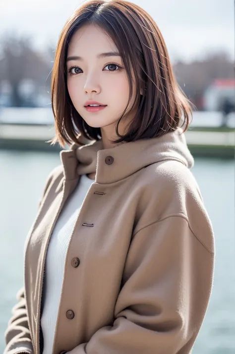 (8k, RAW photo, photorealistic, HQ, masterpiece), cute Japanese woman, (shining eyes), 
(light smile:0.2 ), brown hair, short hair, (Stylish early winter clothes ),  
blurry background, depth of writing,  cloudy sky, Lightning Face , 