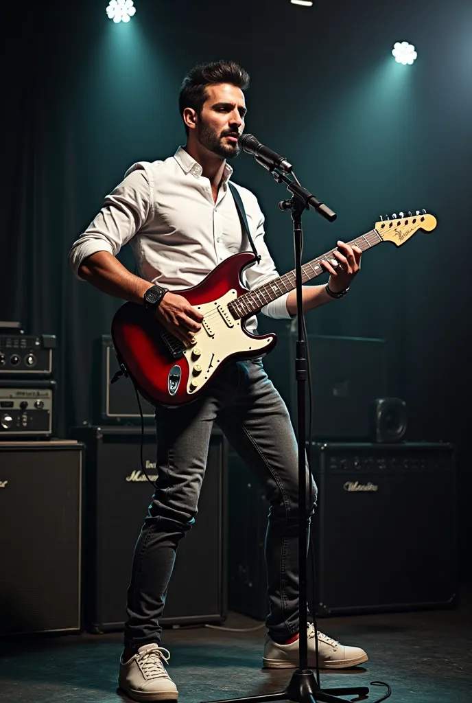 A man age 32 years slim smart, Turkish, tirkish origin, short black hairs, light french beard on face, standing front on mic, holding electric guitar, rock star, wearing dark gray faded skinny Levi's jeans, white casual menderin color shirt, open legs, sle...