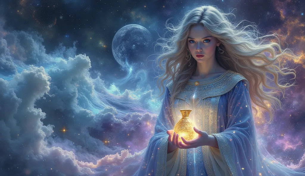 A mystical woman with an ethereal energy, embodying the zodiac sign Aquarius. Her long, flowing hair merges with water and a starry sky. She wears a celestial and silver robe that glows with futuristic sparkles. In her hands, she holds a golden jug from wh...