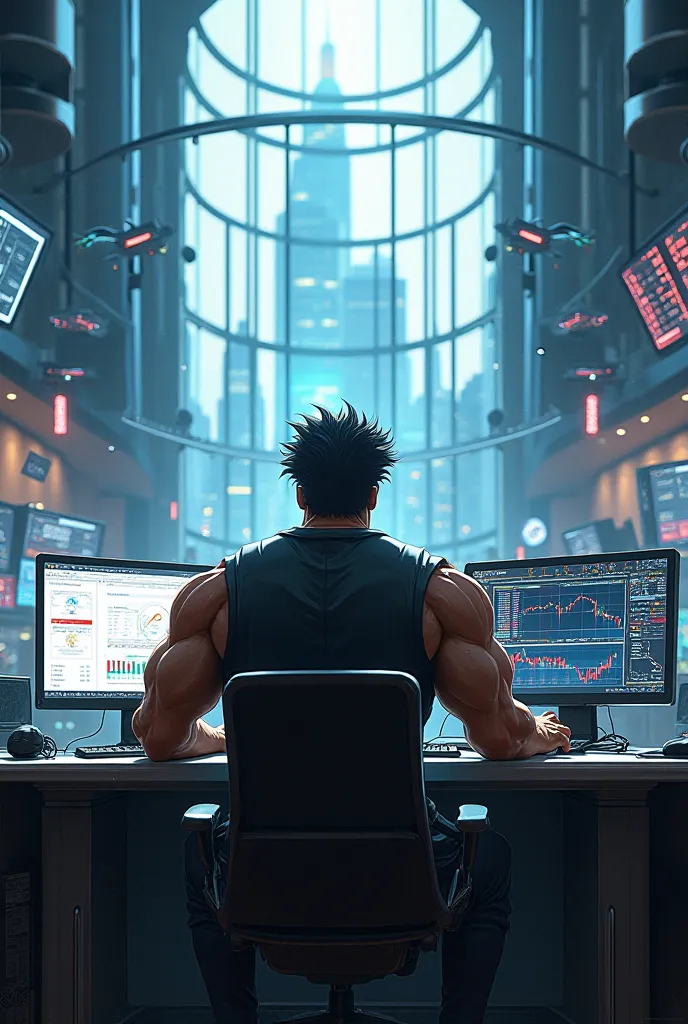 An image of Rao from Fist of the North Star trading stocks、The background is futuristic, please

Thank you。
Please give me an image of them sitting in the trade room trading stocks