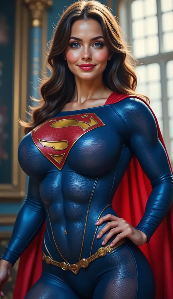 A stunning, highly detailed, and realistic photo of a beautiful woman wearing a Superman-inspired suit and cape. She has striking blue eyes, long wavy hair cascading over her shoulders, and a confident yet warm expression. Her face is exquisitely detailed,...