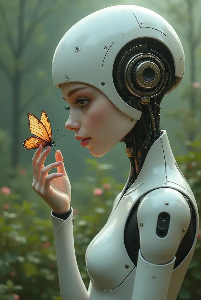 A robot wanting to be a human with a butterfly touching her fingers. Make the robot a beautiful lady