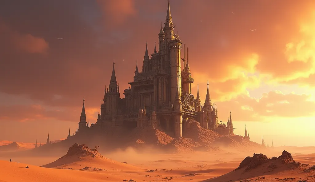 A huge steampunk castle on the planet Tatooine, , the dunes seem endless, and the sky is surprisingly rich in color.