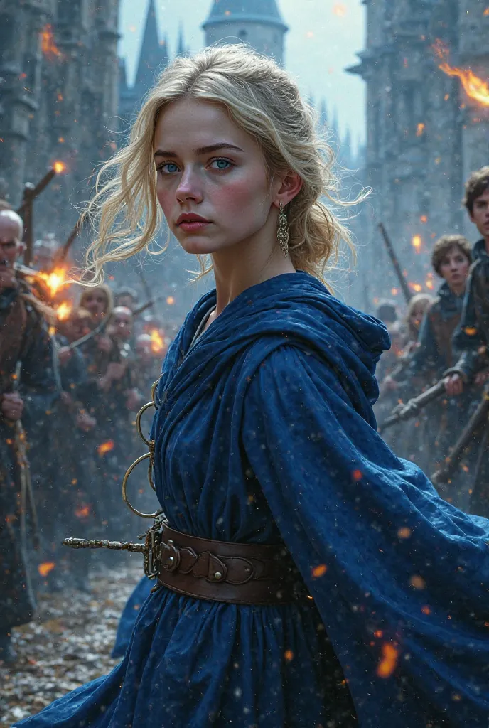 A blond young woman with blue eyes in Hogwarts.  Elle est serdaigle (blue and silver clothes) and fights during the Battle of Hogwarts . There are people around her who are also fighting. Hard fight 