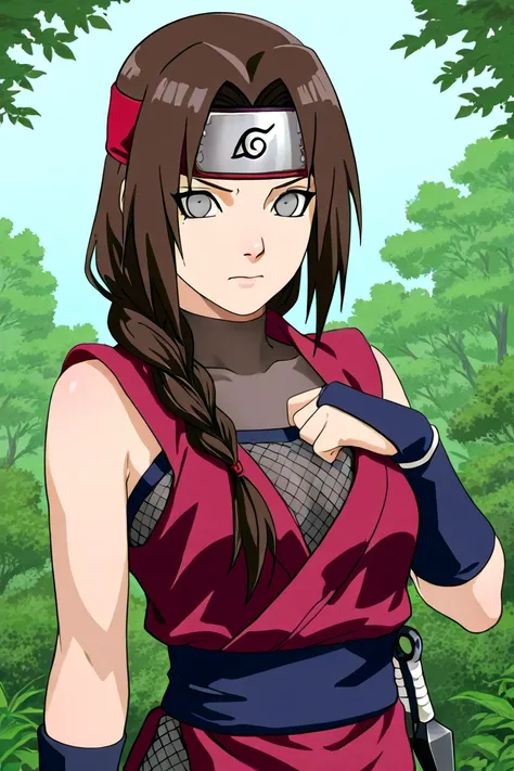 Image is an anime naruto style illustration featuring a beautiful lady ninja from Konoha, with fair skin and large, expressive gray eyes. She has long brown hair, styled with a red headband and a braid over one shoulder, and wears a traditional Konoha fore...