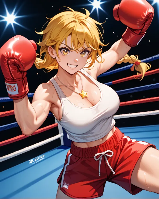 best quality,,1 young woman,18 years old,slender body,average height,(dark yellow hair:1.4),Long Hair,single braid,sidelocks,big eyes,wide smile,large breasts,,,star-shaped pendant,,boxing,make a fist, punch, shorts, tank-top,Sweat a lot,fighting,reach out...