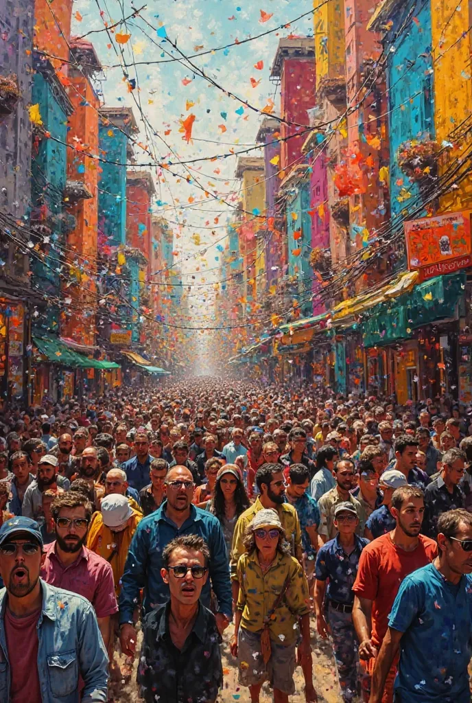 A painting full of colors, with a crowd walking behind it.