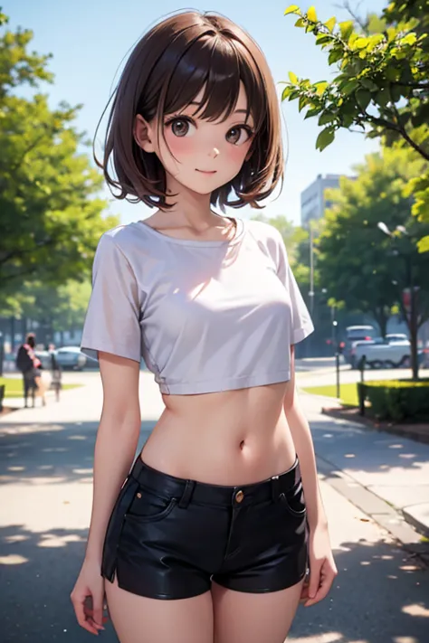 cute girl, brown hair, small breasts, in a crop top and shorts in a park on sunny day