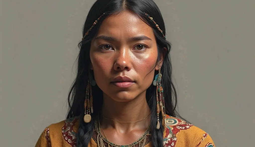 "A forensic reconstruction of a prehistoric Native American based on DNA analysis, showing unique facial features and traditional clothing."
