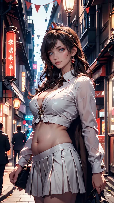  cute young woman, black hair short, brown eyes,  Empress, pleated skirt suit,Street lights,neon,Busy street background,(belly button:1.1, princess eyes ), noble, Royalty, high quality, masterpiece, Elaborate