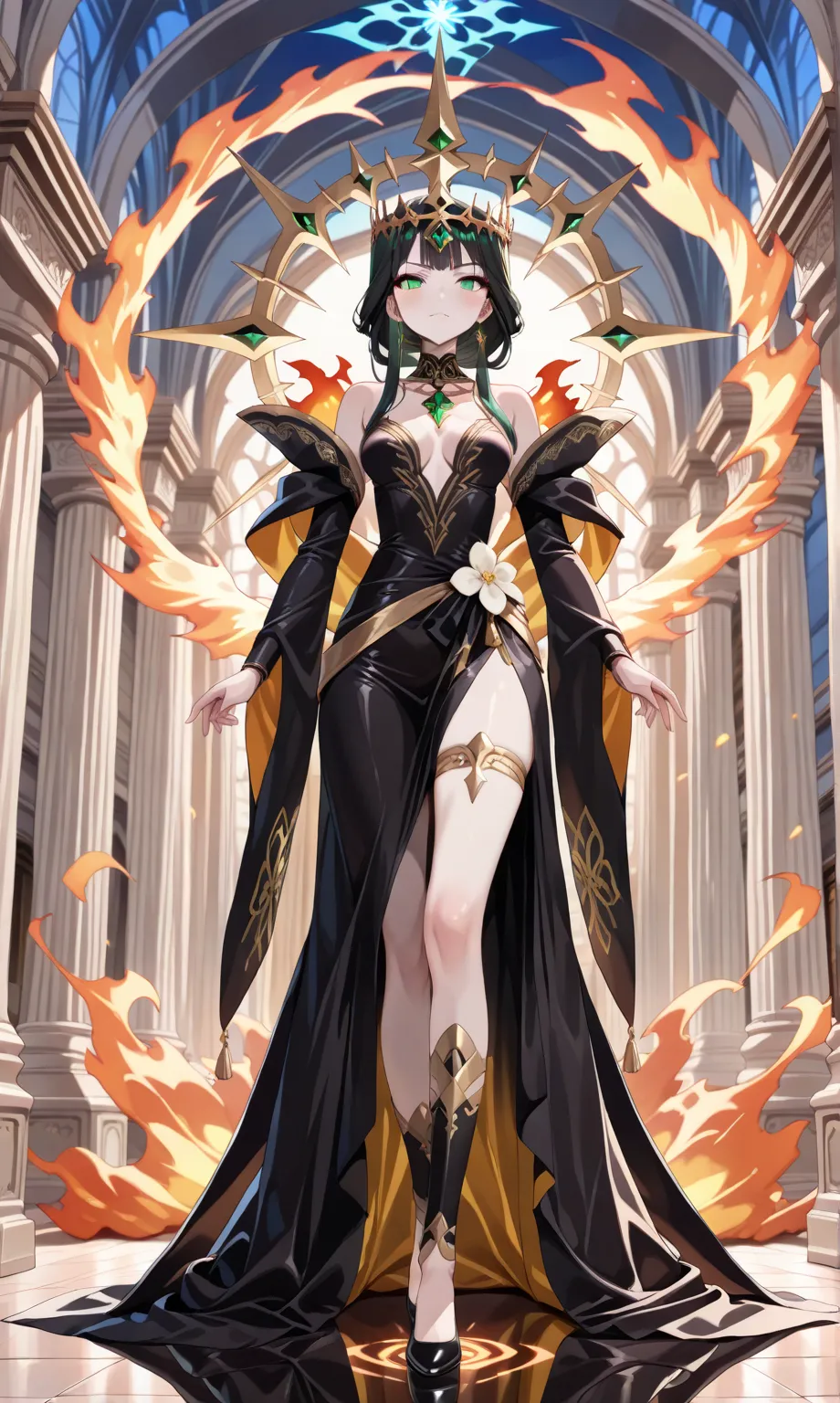 (((masterpiece, best quality, high detailed, 16k))) (1girl) A strikingly beautiful woman with long, flowing black hair that cascades over a black and gold gown. Her pale skin contrasts with the fiery glow of the Underworld that surrounds her. She wears a c...