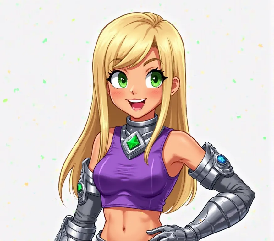 This character appears to be from a sci-fi or superhero universe, with a vibrant and youthful appearance. Here’s a detailed description:

Physical Appearance:

Hair: Long, light blonde, with straight strands framing her face, giving her a sleek and simple ...