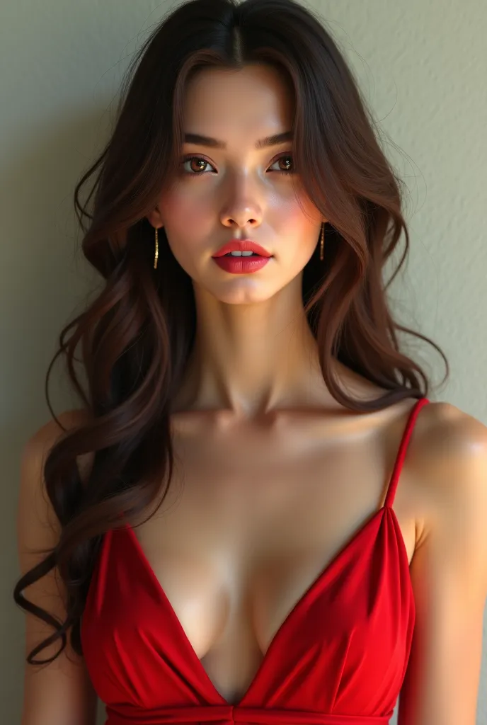 The 21-year-old woman has long, wavy, brown hair that is waist-long. She is wearing a red dress. She has almond hazel eyes, pointed nose, full pinkish glossy lips, and her brown eyebrows are thick