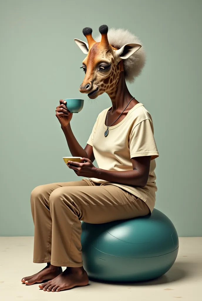 Generate an old black grandma sitting on a pillates ball drinking a cup of tea. She has BIG Human feet and a nack and head from a giraffe