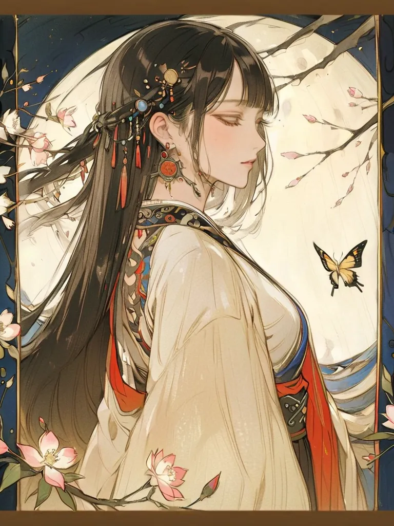   beauty、 cherry blossoms at night、plum、 full moon、butterfly、earrings、geometric model 、tattoo 、 beauty、 Beautiful woman with long hair and long bangs,  beauty、High Resolution, top quality, details, high definition model, super accurate, 