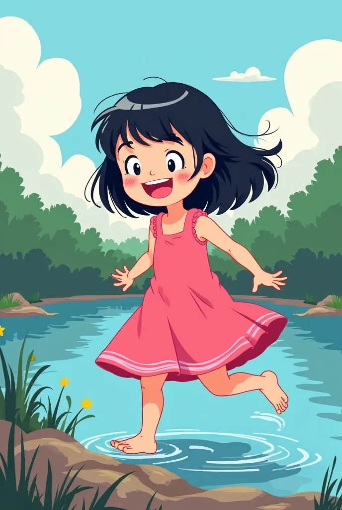 A cartoon drawing of an  girl with black hair and wearing a pink dress having fun on the banks of the river. I heard a strange sound. I looked around and found that the sound was coming from inside the river.