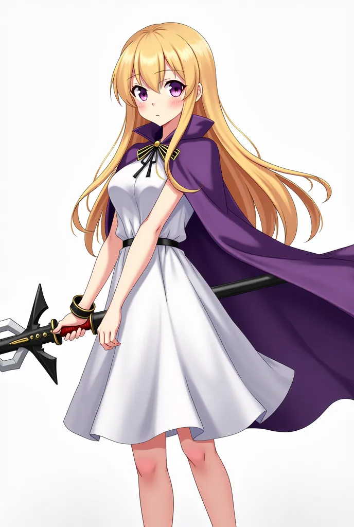 Anime girl in a white dress with long blond hair and a purple cape, , azur lane style, An anime girl with a sword and bow in a white dress, leang back, details. Girls' Frontline, Brother, Splash art animated closeup of Laurie , 캐릭터 from Azur Lane, from Gir...