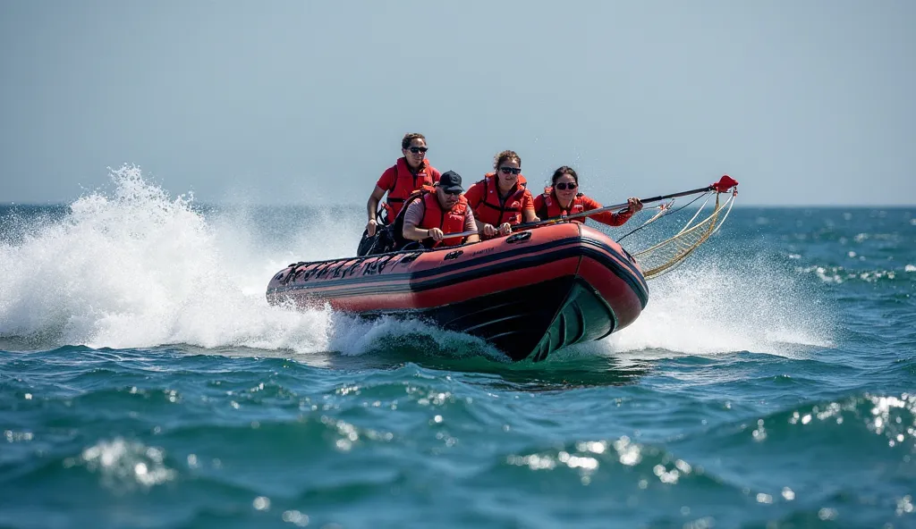 A fast-moving inflatable rescue boat speeds across the ocean, cutting through the waves. The team leans forward, eyes locked on the water ahead. One rescuer grips a tranquilizer dart gun, while another holds a large net for gentle capture. The bright sunli...