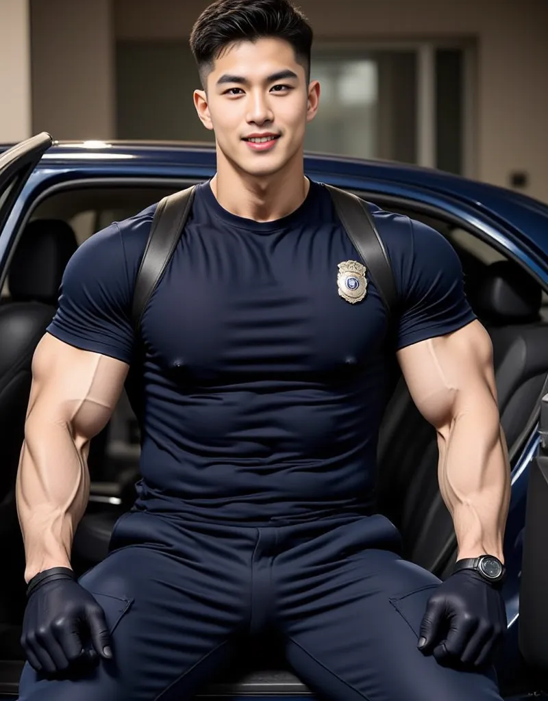 1 handsome man short hair ,crew cut hair, smile ,Wear a fitted round neck t-shirt, solid blue t-shirt,with a police badge,Navy Cargo pants,black gloves, Carrying a black backpack,Sunglass,Korean guy,chest muscles,large arm muscles,blood vessel,Big muscles,...