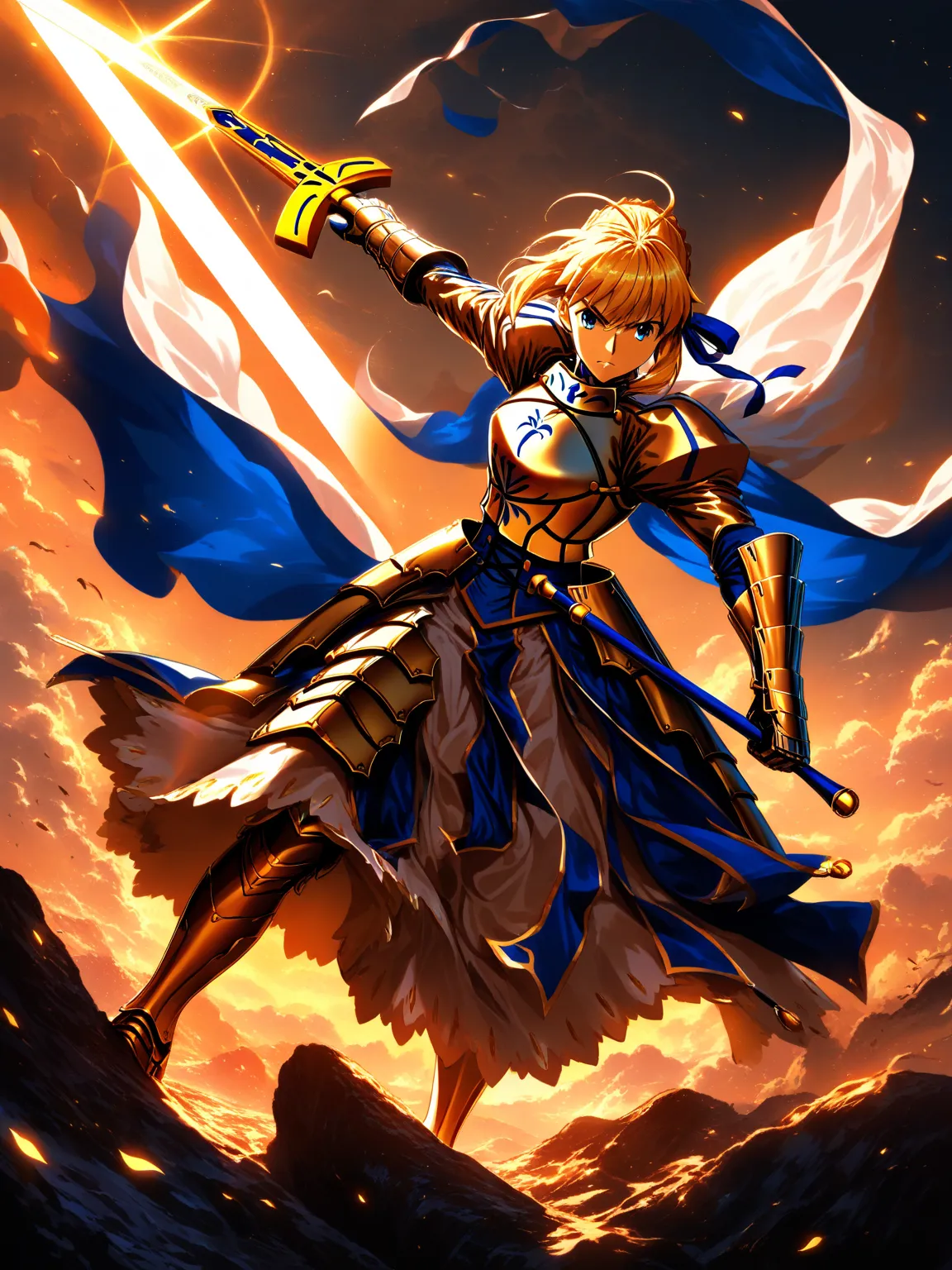 masterpiece, best quality, very aesthetic, 1girl, anime style, (((Saber))), Fate/stay night, muscular build, dynamic pose, Excalibur, glowing sword, intense expression, golden light effects, detailed armor, flowing cape, battle scene, dramatic lighting, vi...